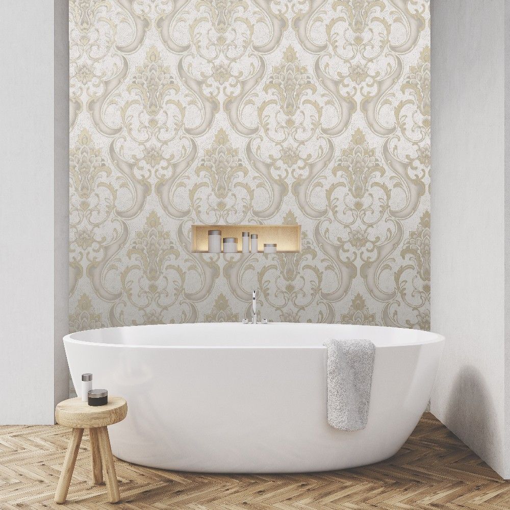 Sonta Damask Gold & Cream Italian Vinyl Wallpaper by Vasari 539769 539769